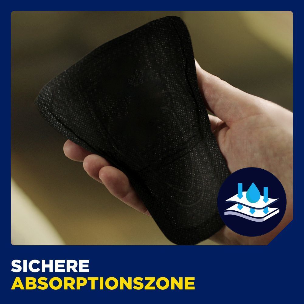 Schwarzer Einleger in der Hand. Blaue Illustration. Text: Sichere Absorptionszone.