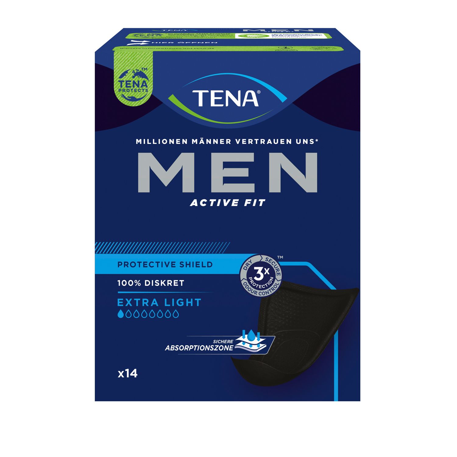 Blau-schwarze Verpackung mit TENA MEN Active Fit Extra Light. Enthält 14 Stück. Mit Schutzschild und 3x Geruchskontrolle.