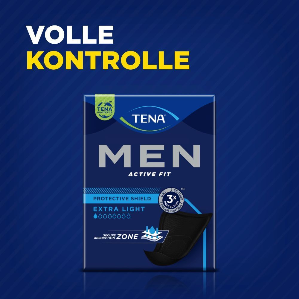 Blaue TENA MEN Active Fit Extra Light Packung. Text: Volle Kontrolle. Mit 3x Geruchskontrolle.