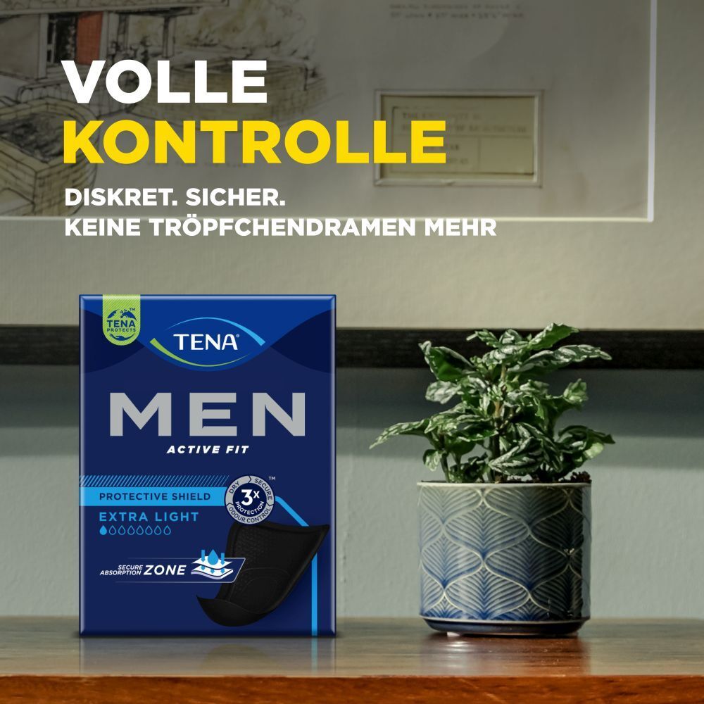 Blaue TENA MEN Active Fit Extra Light Packung. Text: Volle Kontrolle. Diskret. Sicher. Keine Tröpfchen mehr.