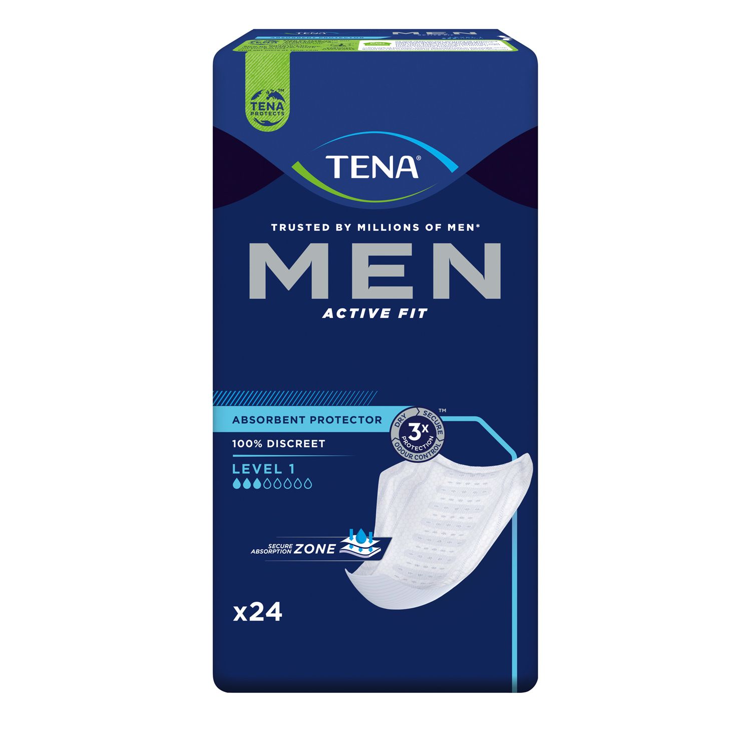 Blau-weiße Verpackung mit TENA Men Active Fit. Zeigt ein Produkt und Text: 'Absorbent Protector Level 1'. Enthält 24 Stück.
