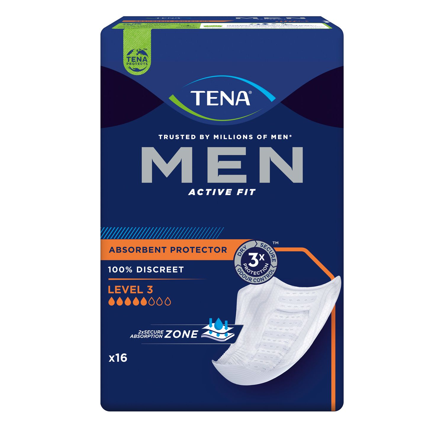 Verpackung von TENA Men Active Fit Level 3. Blaue Verpackung mit Produktinformationen und Logo. Enthält 16 Stück.