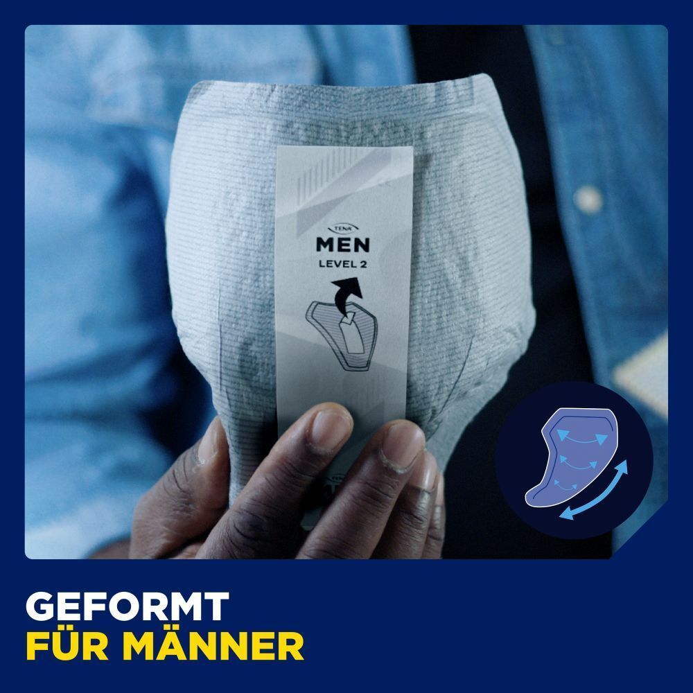 TENA Men Active Fit, in einer Hand gehalten. Text: Geformt für Männer. Level 2-Anzeige.