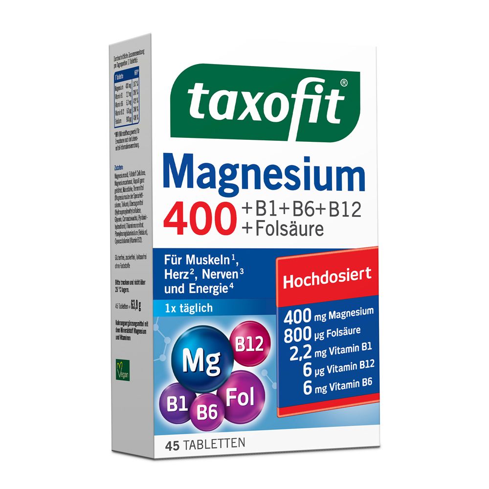 Schachtel mit taxofit® Magnesium 400. Enthält 45 Tabletten. Aufschrift: Magnesium 400 +B1+B6+B12+Folsäure. Hochdosiert.