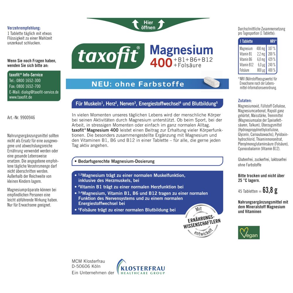 Rückseite der taxofit® Magnesium 400 Packung. Enthält Informationen zu Inhaltsstoffen und Nährwerten. Vegan-Siegel.