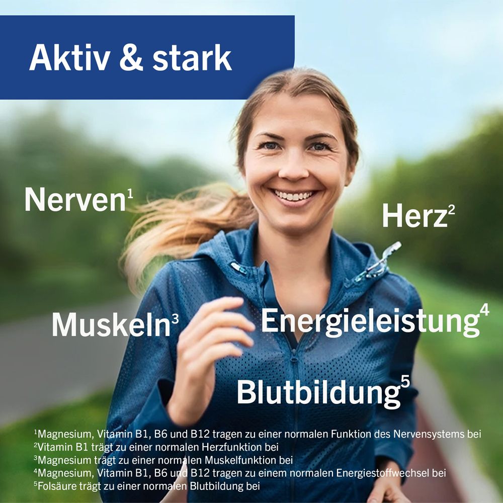 Läuferin mit Text: Nerven, Herz, Muskeln, Energie, Blutbildung. Text: Magnesium, Vitamin B1, B6 und B12 tragen zu... bei.