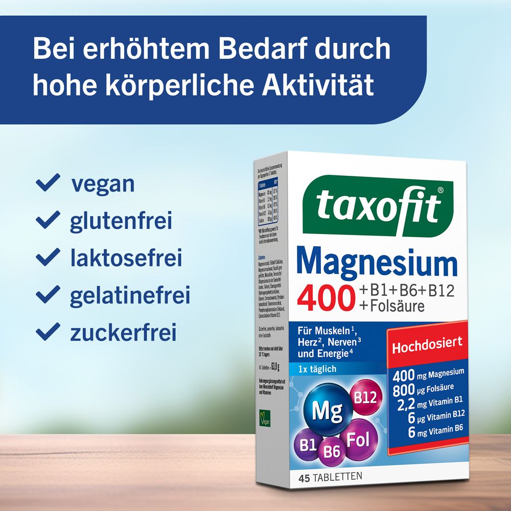 Packung taxofit® Magnesium 400 mit Text: vegan, glutenfrei, laktosefrei, gelatinefrei, zuckerfrei. Hochdosiert.