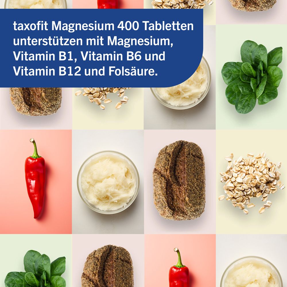 Verschiedene Lebensmittel, darunter Brot, Gemüse und Getreide. Text: taxofit Magnesium 400 Tabletten unterstützen mit Magnesium...