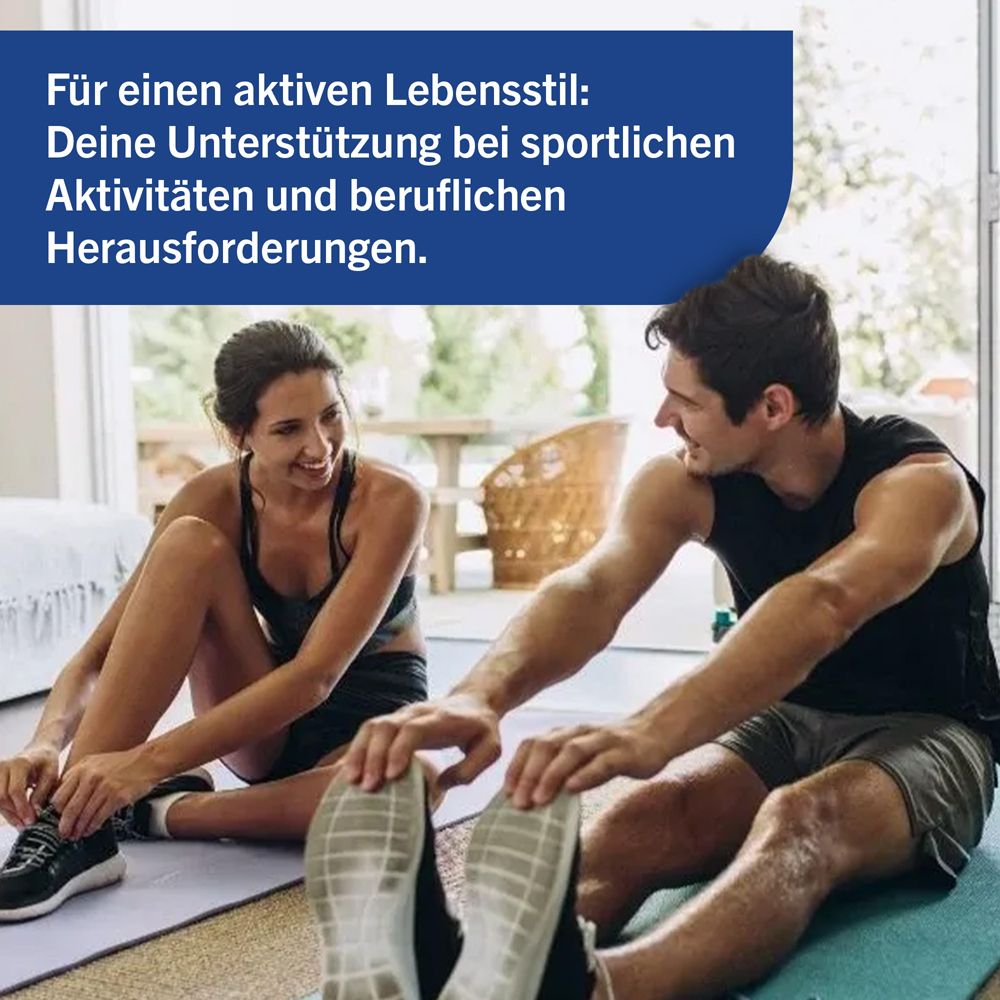 Paar beim Dehnen. Text: Für einen aktiven Lebensstil: Deine Unterstützung bei sportlichen Aktivitäten und beruflichen Herausforderungen.