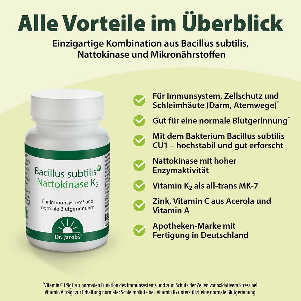 Flasche mit grünen Etiketten und Text. Aufschrift: Bacillus subtilis Nattokinase K2. Vorteile im Überblick.