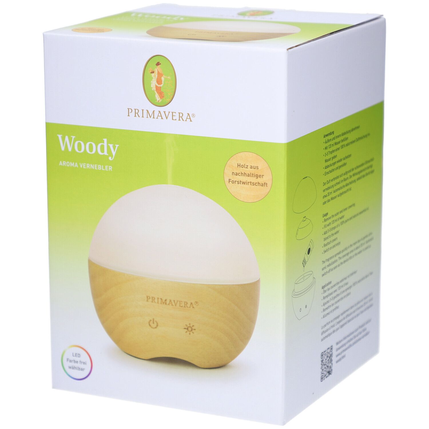 Aromavernebler Woody in Verpackung. Holz-Optik, weißer Deckel, Primavera-Logo. Aufschrift: Holz aus nachhaltiger Forstwirtschaft.