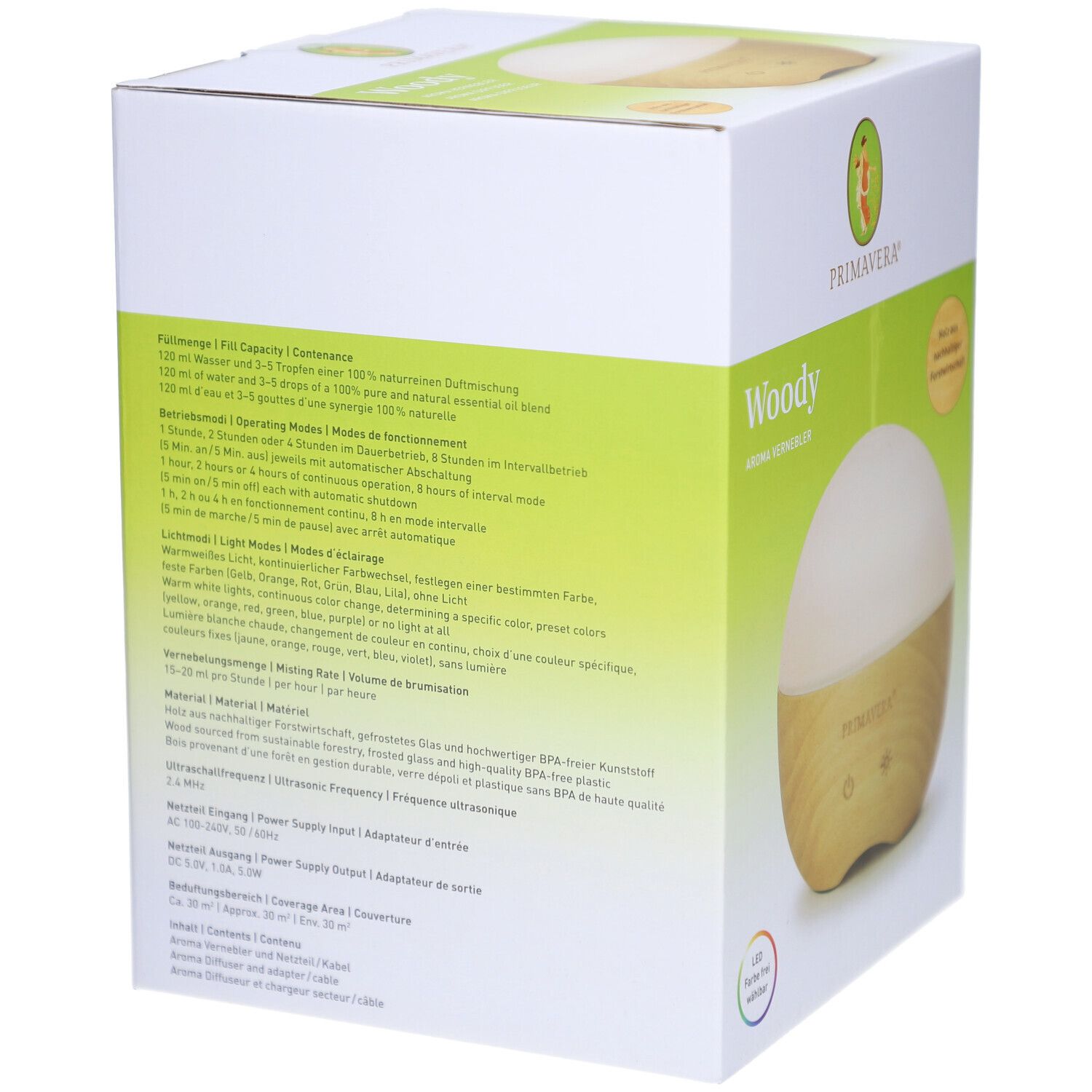 Rückseite der Verpackung des Aromaverneblers Woody. Text mit technischen Daten und Informationen zum Produkt.