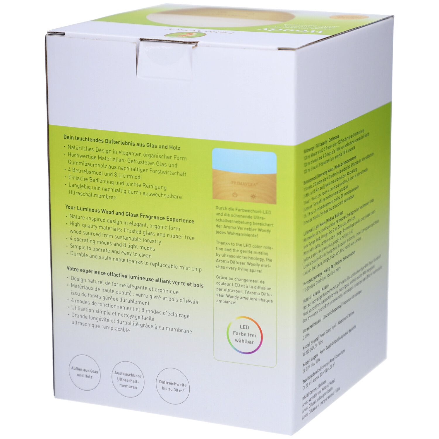 Rückseite der Verpackung des Aromaverneblers Woody. Text über das Produkt, Illustrationen und Informationen.