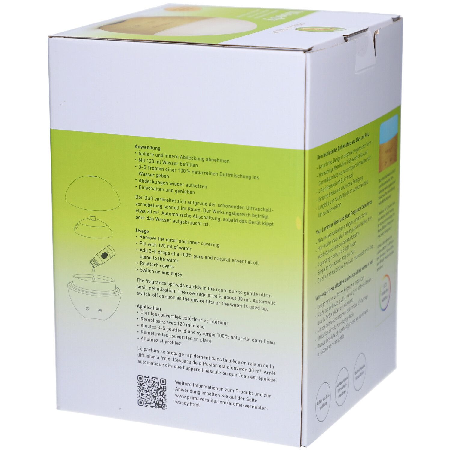 Rückseite der Verpackung des Aromaverneblers Woody. Illustrationen und Anwendungsanweisungen.