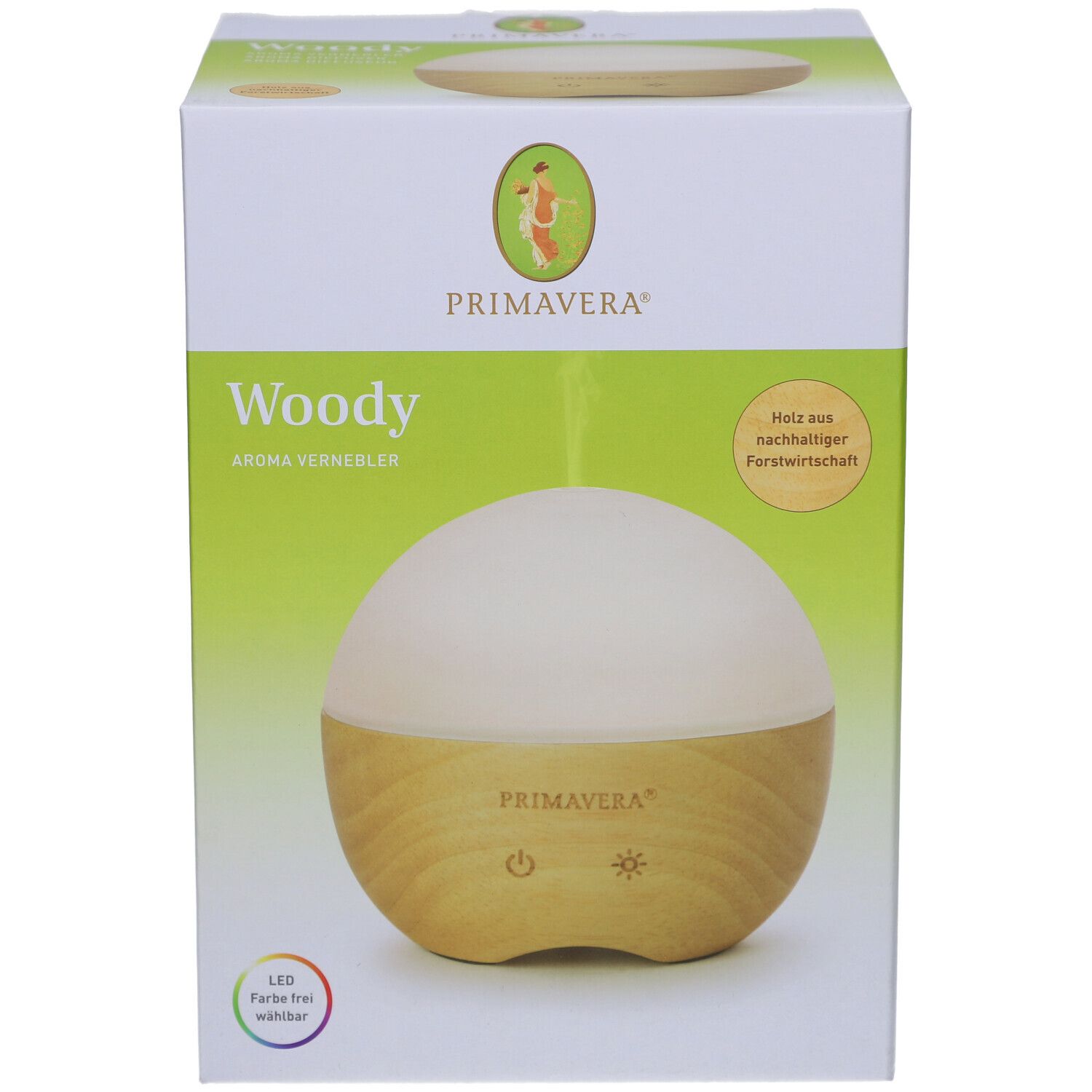 Aromavernebler Woody in Verpackung. Holz-Optik, weißer Deckel, Primavera-Logo. Aufschrift: Holz aus nachhaltiger Forstwirtschaft.
