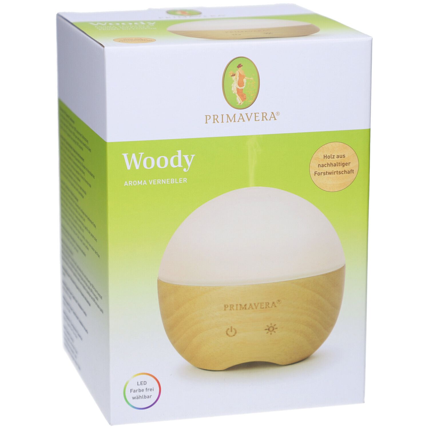 Aromavernebler Woody in Verpackung. Holz-Optik, weißer Deckel, Primavera-Logo. Aufschrift: Holz aus nachhaltiger Forstwirtschaft.