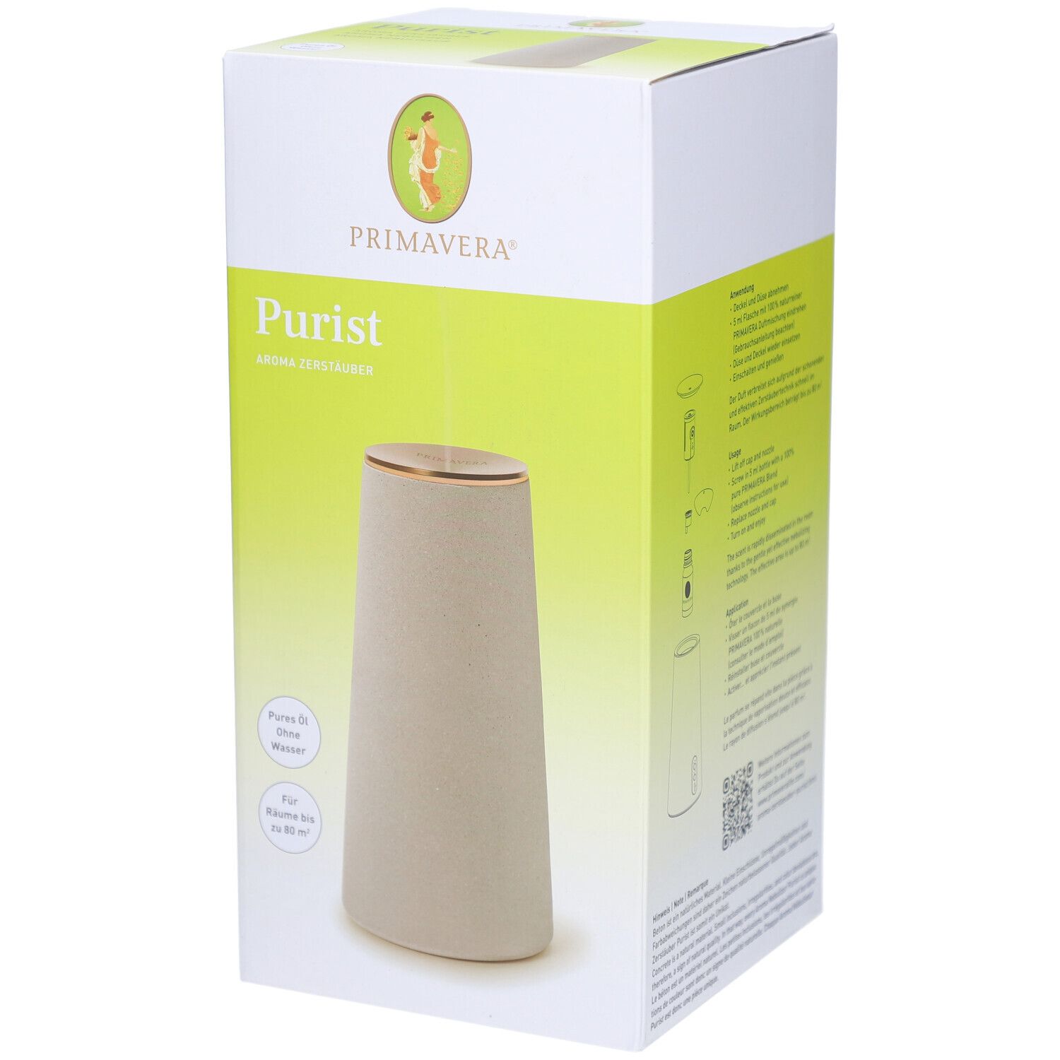 Verpackung des PRIMAVERA® Aroma Zerstäubers Purist. Beige-farbener Diffusor in einer weißen Box mit Produktlogo und -namen.