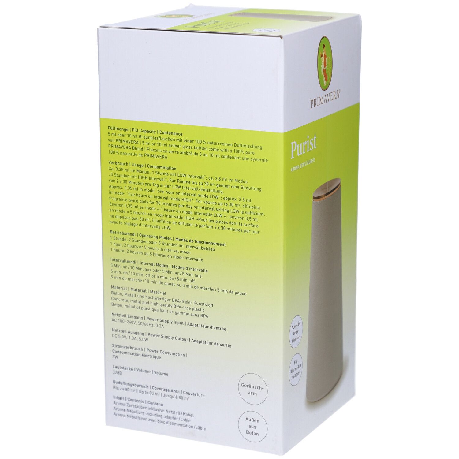 Rückseite der Verpackung des PRIMAVERA® Aroma Zerstäubers Purist. Text mit technischen Daten und Informationen zum Produkt.