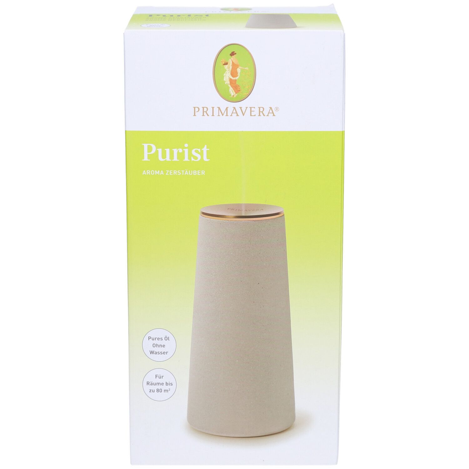 Vorderseite der Verpackung des PRIMAVERA® Aroma Zerstäubers Purist. Produktname, Logo und Abbildung des Diffusors.