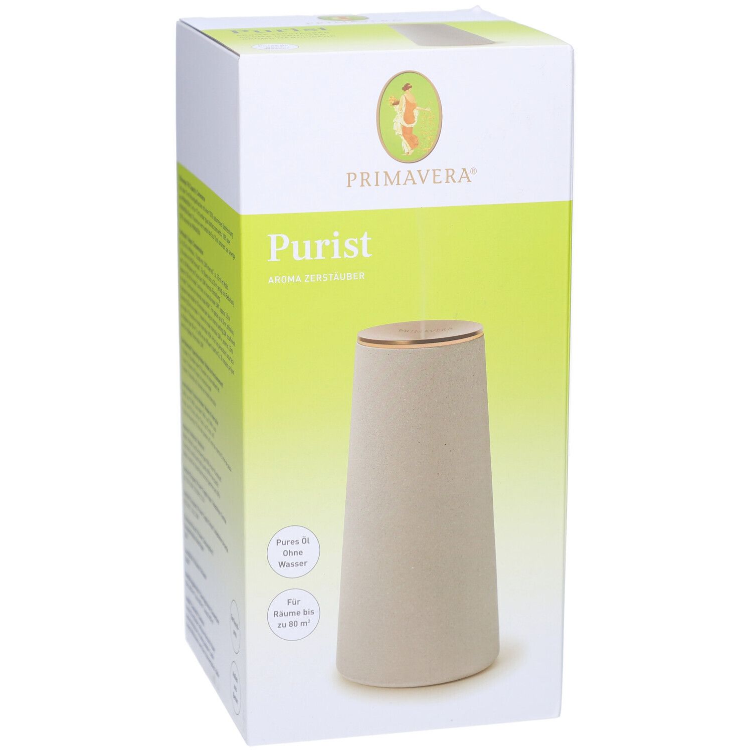 Vorderseite der Verpackung des PRIMAVERA® Aroma Zerstäubers Purist. Produktname, Logo und Abbildung des Diffusors.