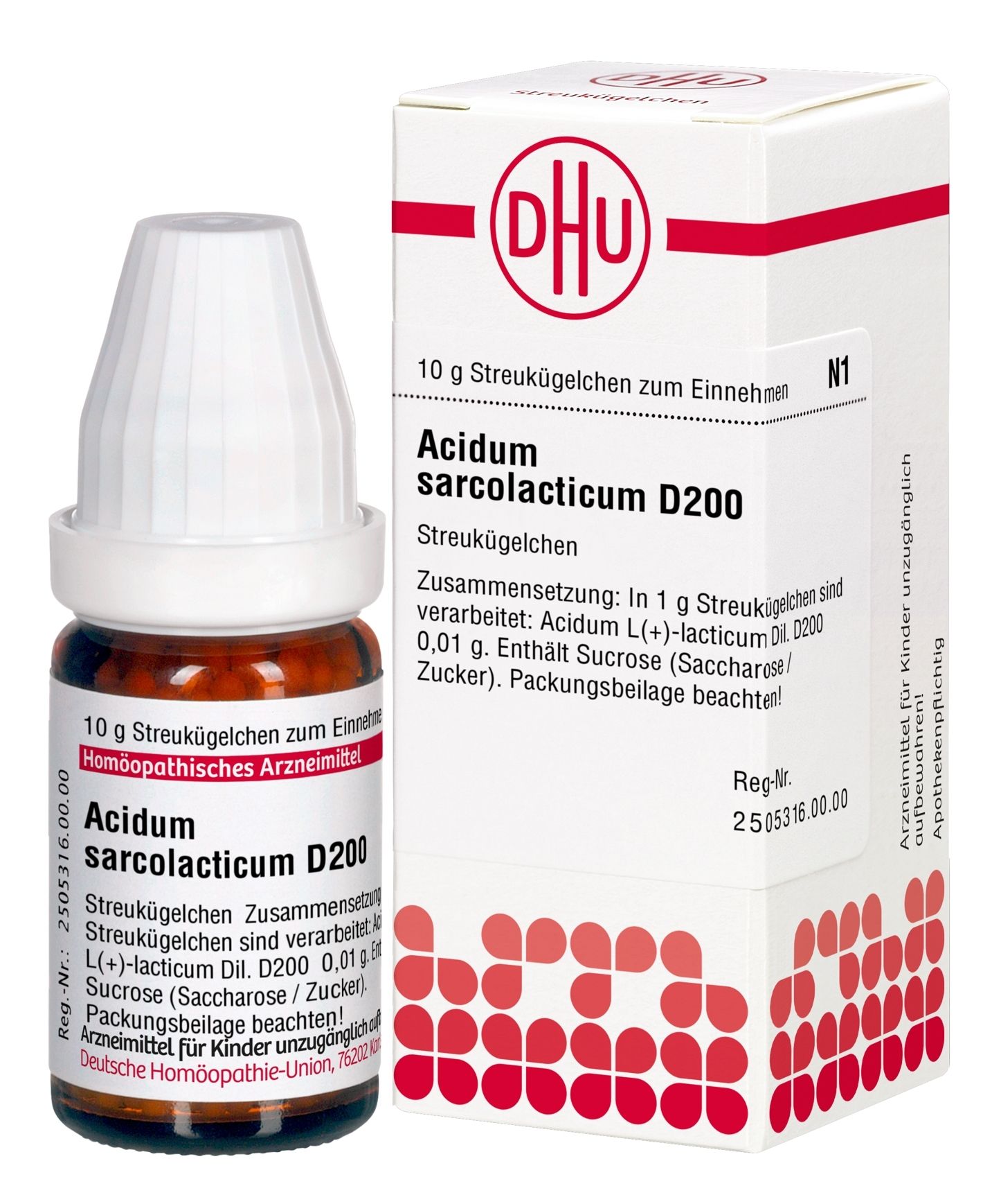 Braune Glasflasche und Karton mit DHU-Logo und Produktbezeichnung Acidum sarcolacticum D200.
