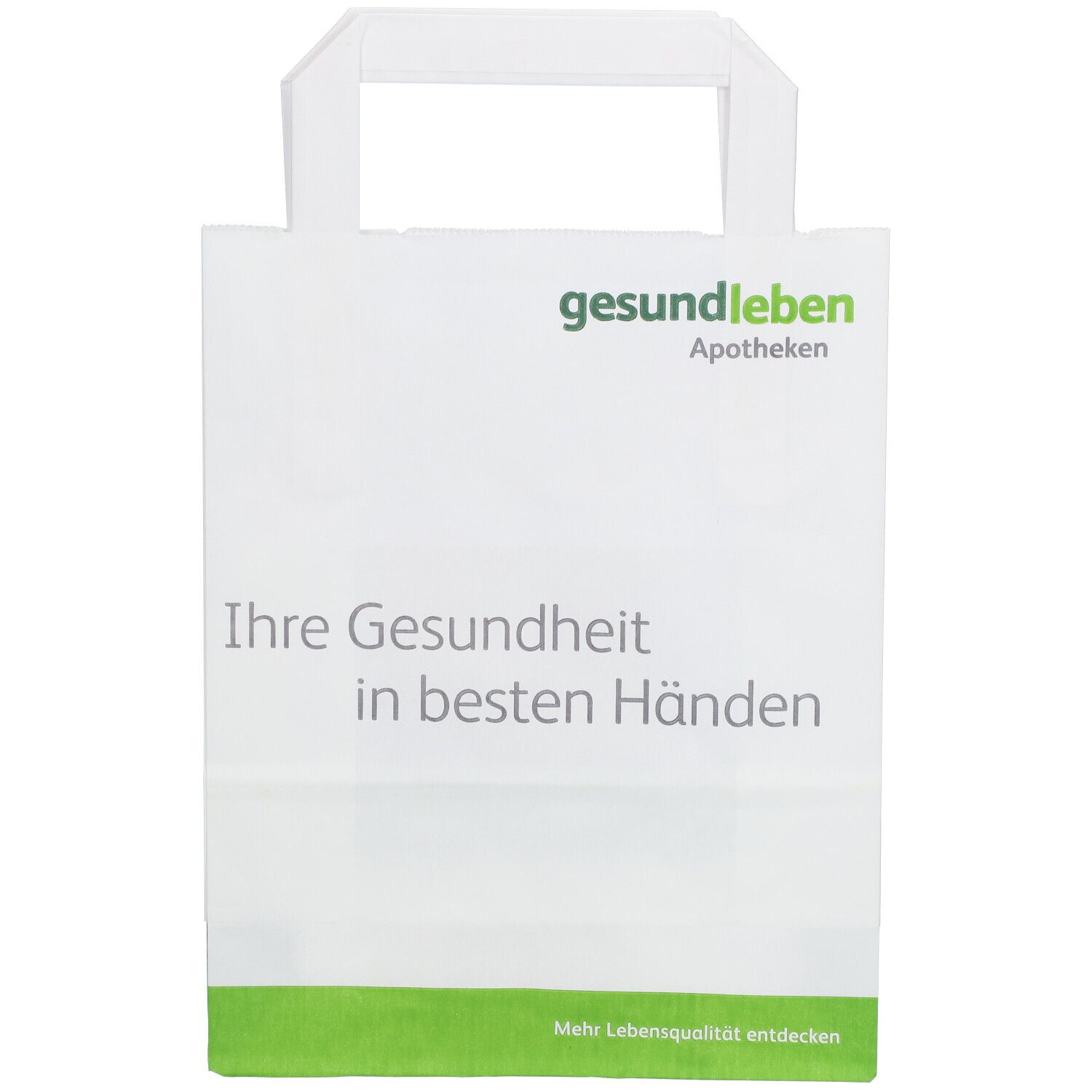 Papiertüte mit Griff, weiß, mit grünem Streifen und Aufdruck 'gesund leben Apotheken'. Text: 'Ihre Gesundheit in besten Händen'.