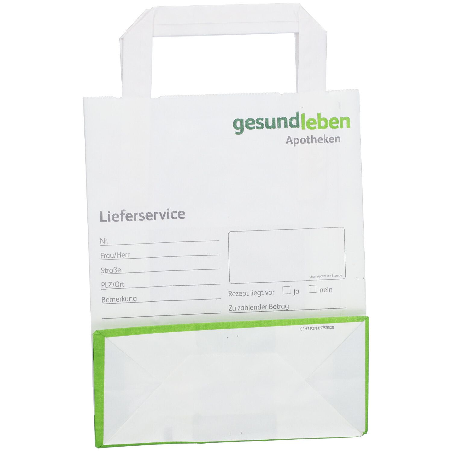 Weiße Papiertüte mit Griff, grünem Streifen und Aufdruck 'gesund leben Apotheken'. Mit Formular für Lieferservice.