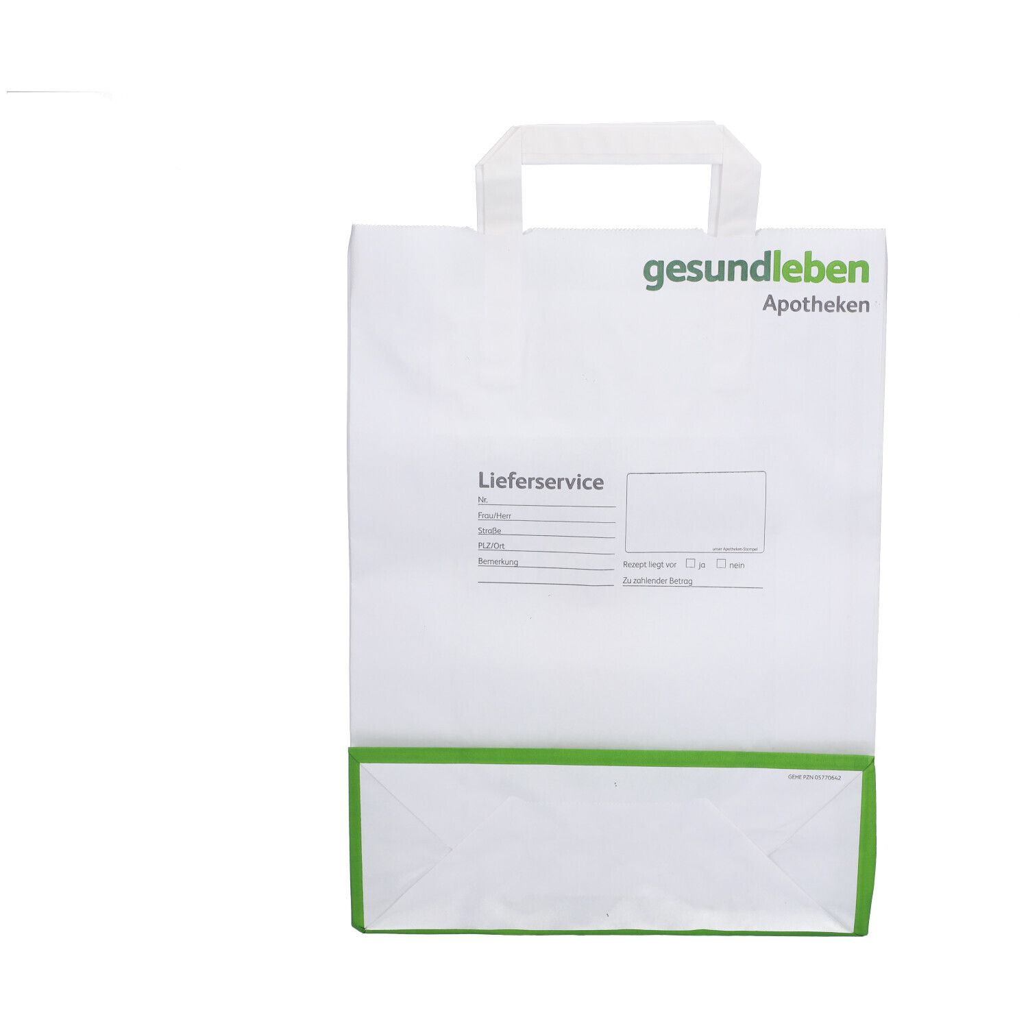 Weiße Papiertüte mit Griff und grünem Boden. Aufdruck: gesund leben Apotheken, Lieferservice.