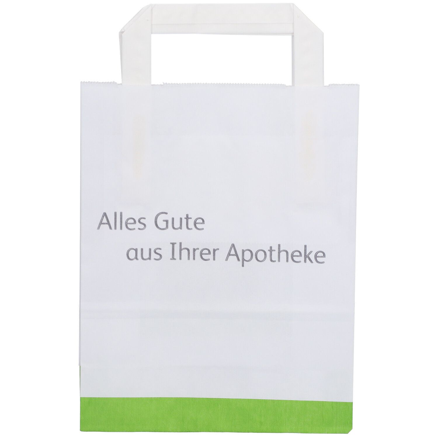 Papiertüte mit Henkel, weiß mit grünem Streifen. Aufdruck: Alles Gute aus Ihrer Apotheke.