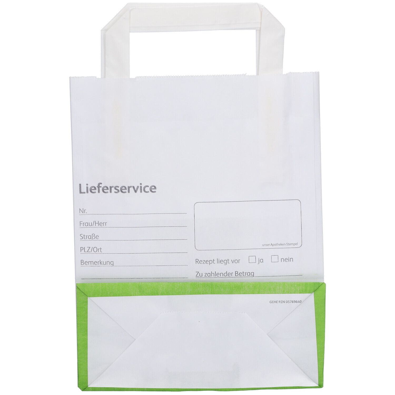 Papiertüte mit Henkel, weiß mit grünem Boden. Aufdruck: Lieferservice, Felder für Adresse und Rezept.