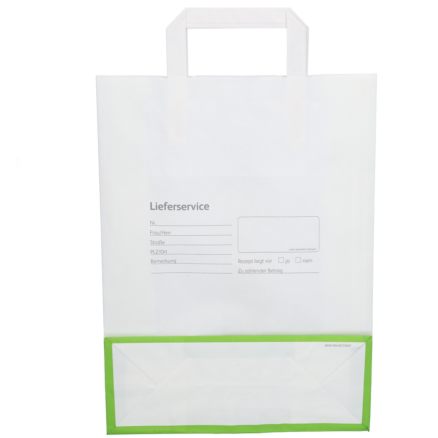 Weiße Papiertüte mit Henkeln und grünem Boden. Aufdruck mit Lieferinformationen.