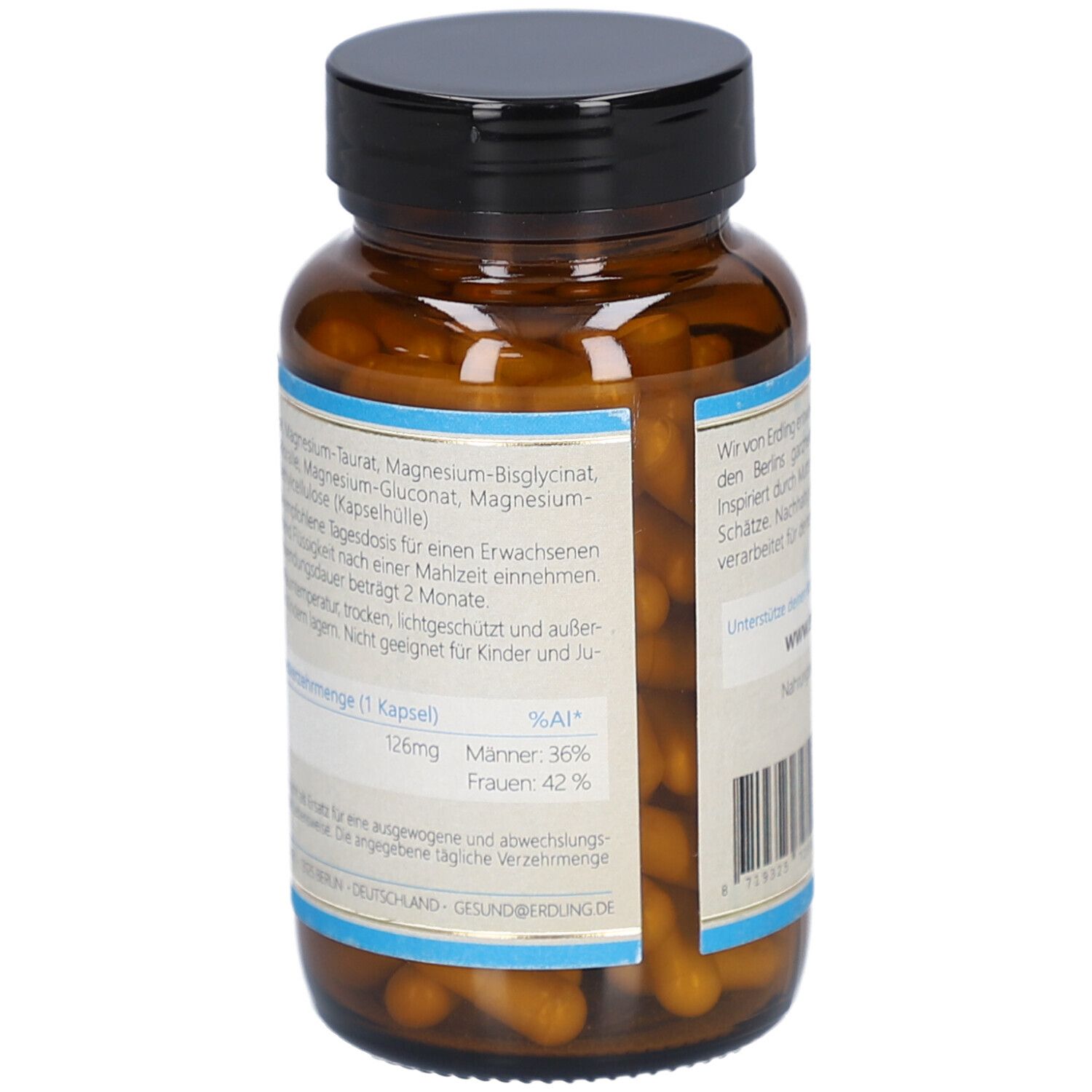 Braune Glasflasche mit schwarzen Deckel. Etikett mit Produktinformationen und Barcode. Kapseln sichtbar.