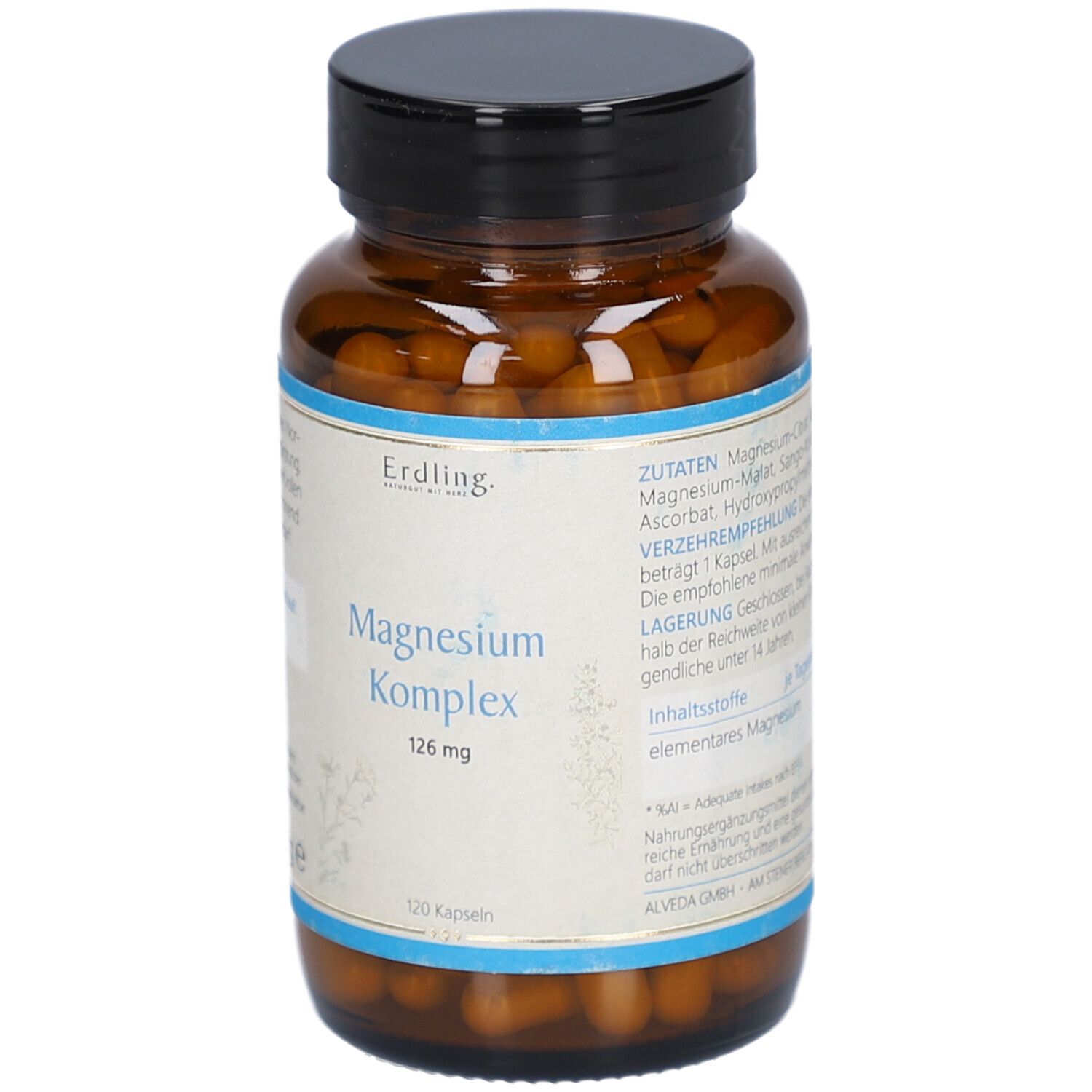 Braune Glasflasche mit schwarzen Deckel. Etikett mit Produktnamen: Magnesium Komplex. 126 mg. 120 Kapseln. Erdling.