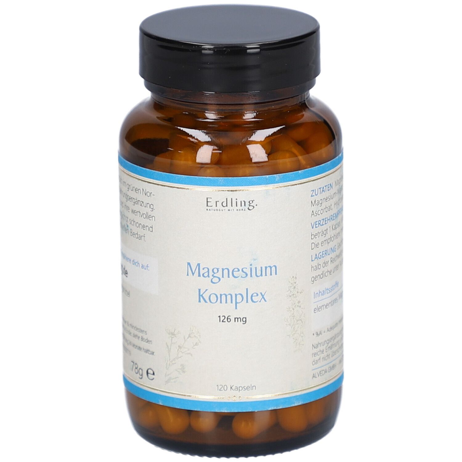 Braune Glasflasche mit schwarzen Deckel. Etikett mit Produktnamen: Magnesium Komplex. 126 mg. 120 Kapseln. Erdling.