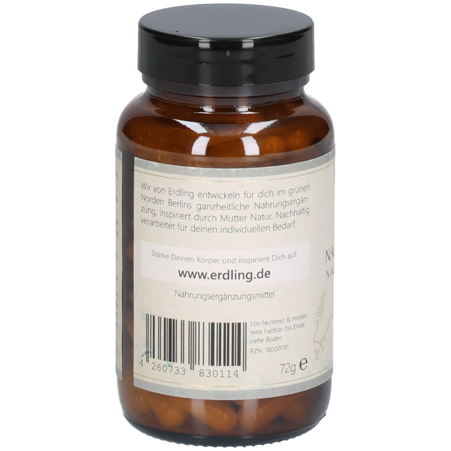 Braune Glasflasche mit schwarzem Deckel, gefüllt mit Kapseln. Etikett mit Barcode und Produktinformationen.