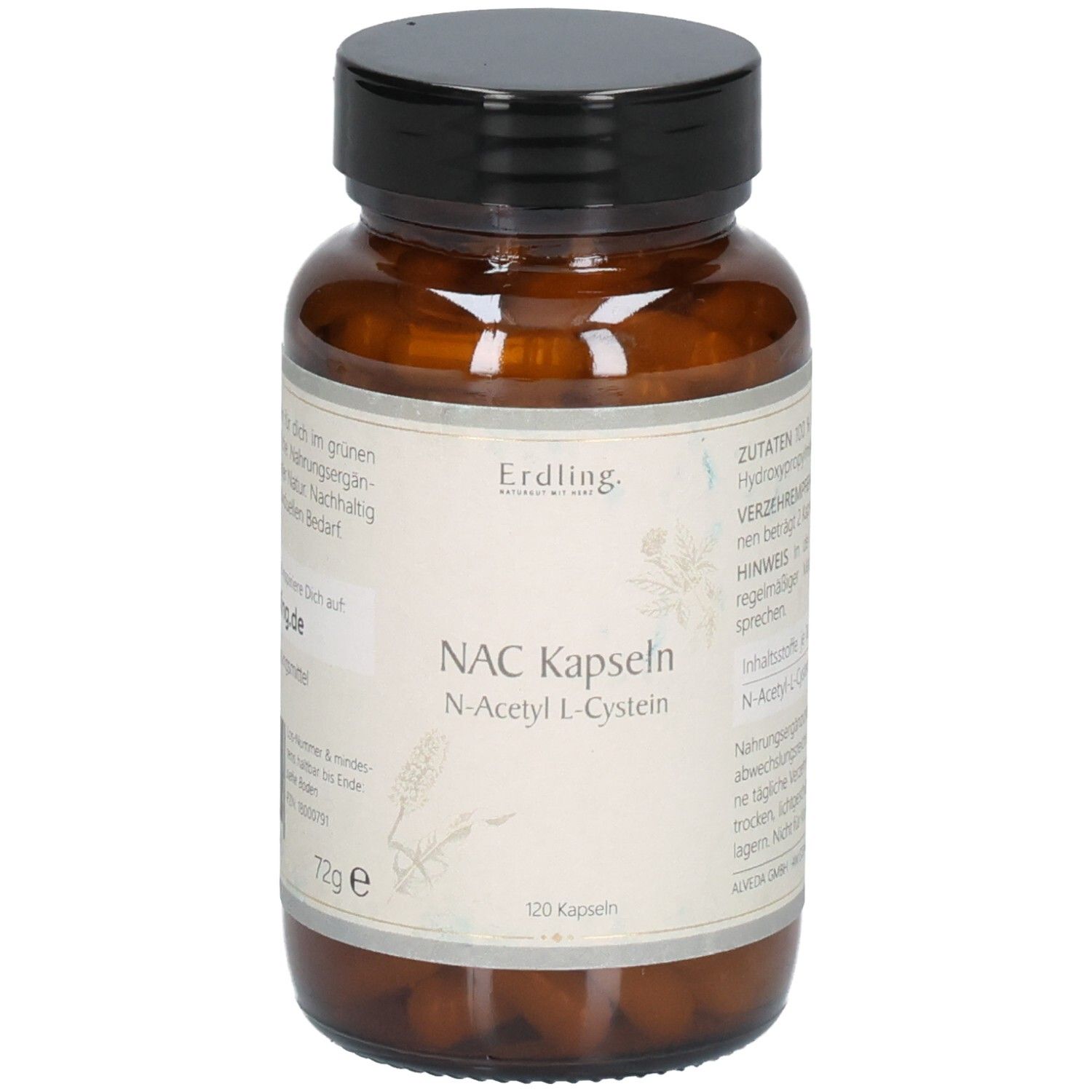 Braune Glasflasche mit schwarzem Deckel, gefüllt mit Kapseln. Etikett mit 'Erdling NAC Kapseln N-Acetyl L-Cystein' und 120 Kapseln.
