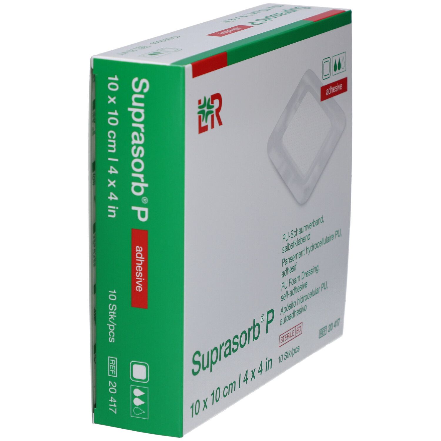 Seitenansicht der Verpackung von Suprasorb P, 10x10 cm. Produktname, Größe, und Logo sind sichtbar.
