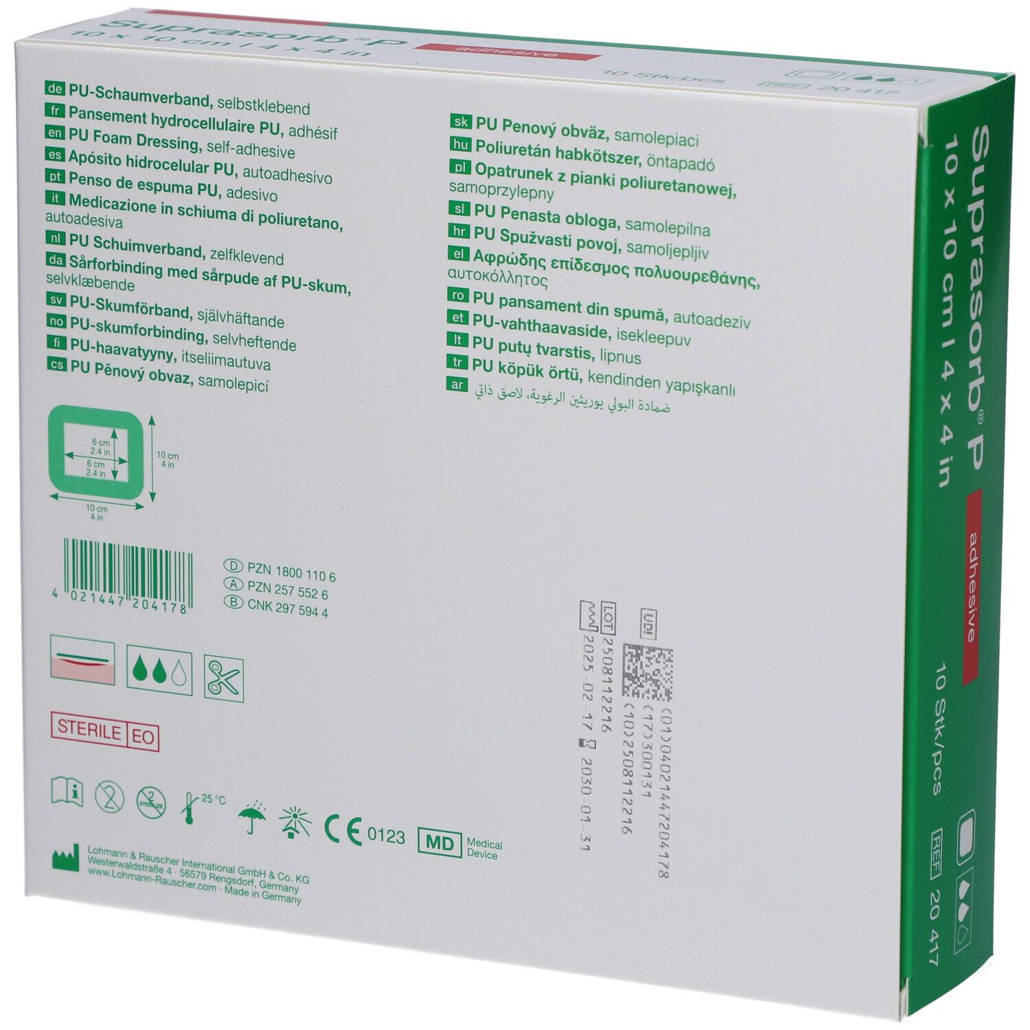 Rückseite der Verpackung von Suprasorb P. Mehrsprachige Produktinformationen, Größenangaben, und Zertifizierungen.