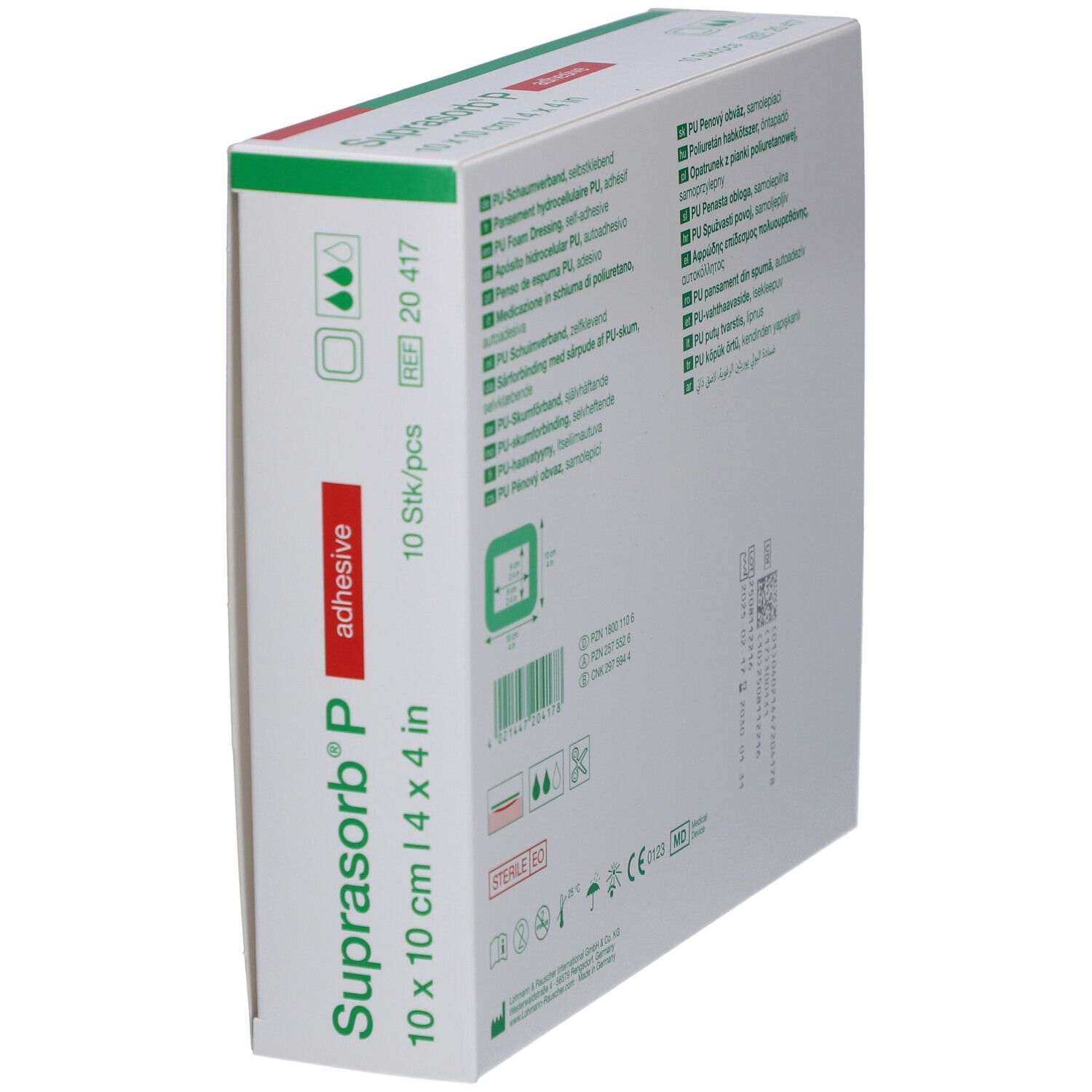 Seitenansicht der Verpackung von Suprasorb P. Produktname, Größe, und Zertifizierungen sind sichtbar.