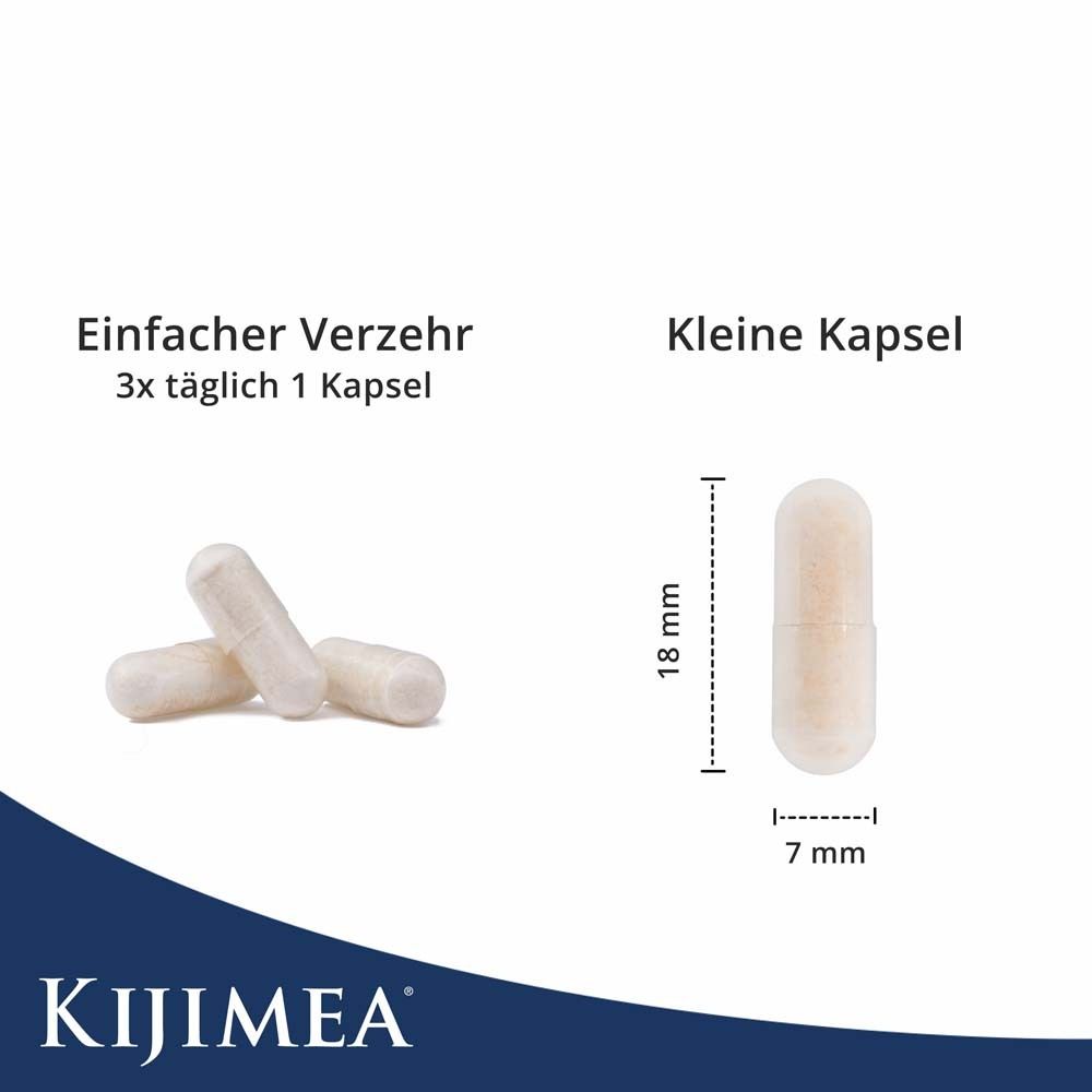 Drei Kapseln. Eine Kapsel mit Größenangaben: 18 mm x 7 mm. Text: Einfacher Verzehr, Kleine Kapsel.
