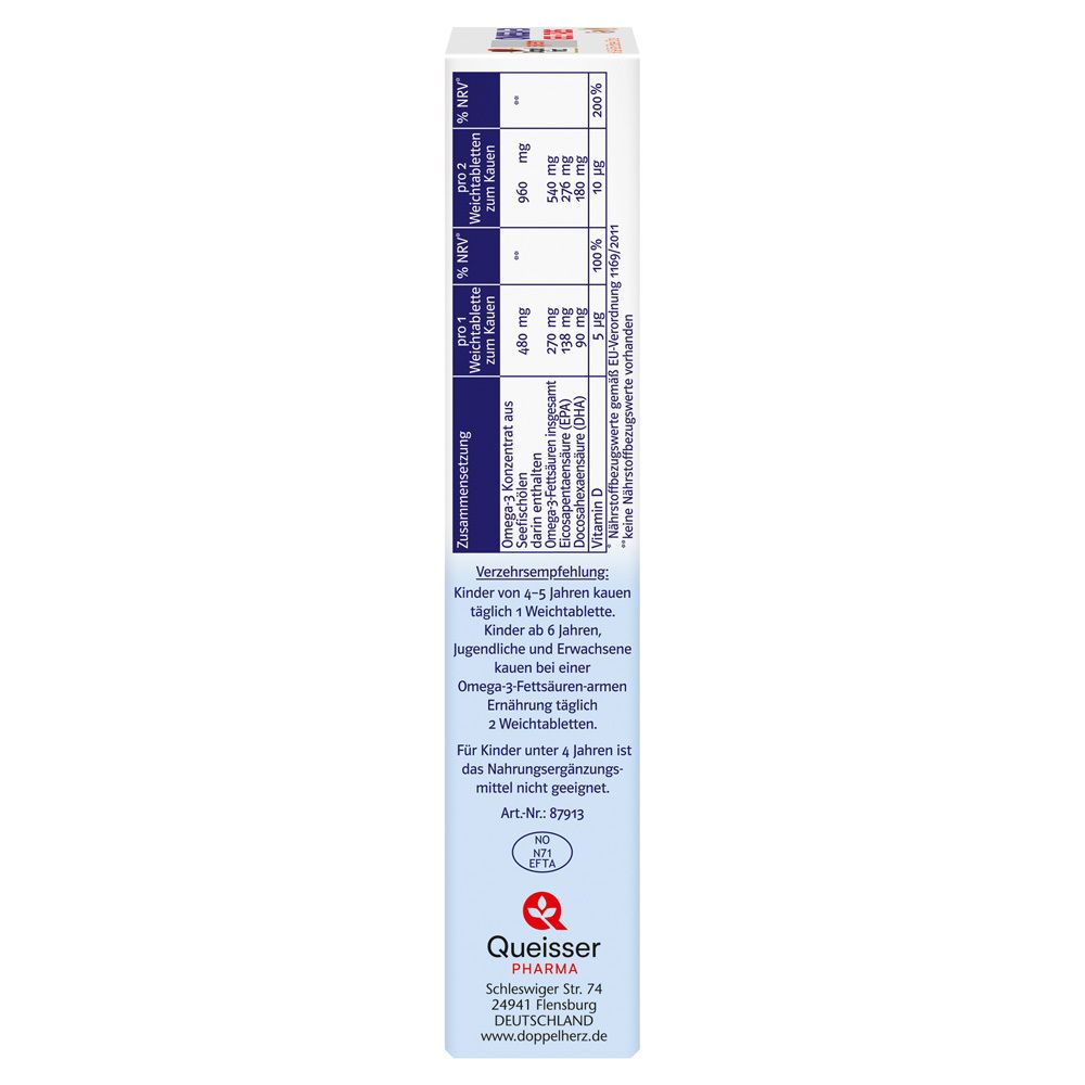 Seite der Doppelherz system OMEGA-3 GEL-TABS Family Packung. Textinformationen. Enthält Informationen zu Inhaltsstoffen und Anwendung.