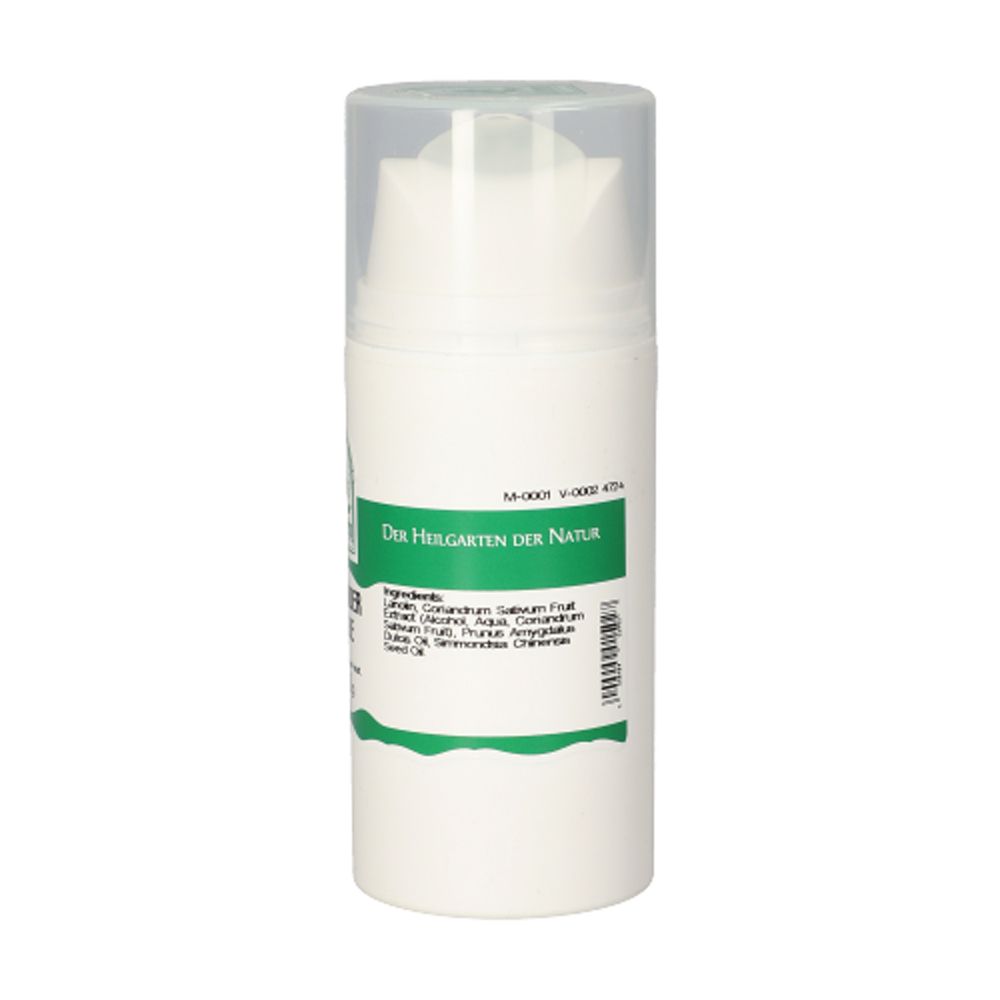 Weiße Tube mit Dosierkopf und transparentem Deckel. Rückseite mit Text und Inhaltsstoffen.