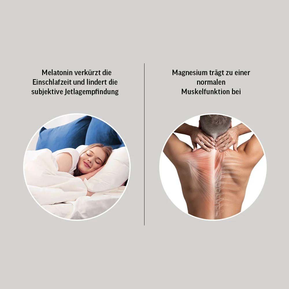 Zwei Kreise mit Text. Links: Schlafende Frau. Rechts: Muskeln des Rückens. Text: Melatonin und Magnesium.