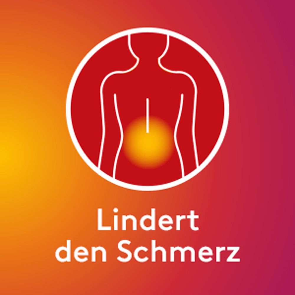 Rundes Symbol mit Person und Text: Lindert den Schmerz.