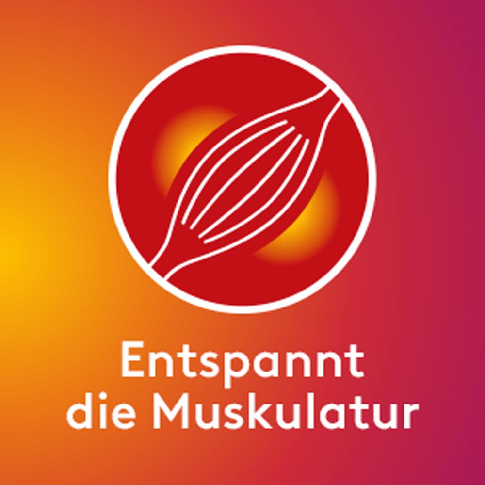 Rundes Symbol mit Muskeln und Text: Entspannt die Muskulatur.