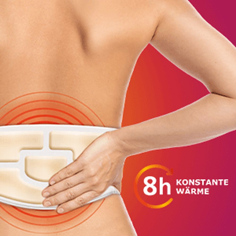Rücken einer Person mit Wärmegürtel. 8h konstante Wärme.