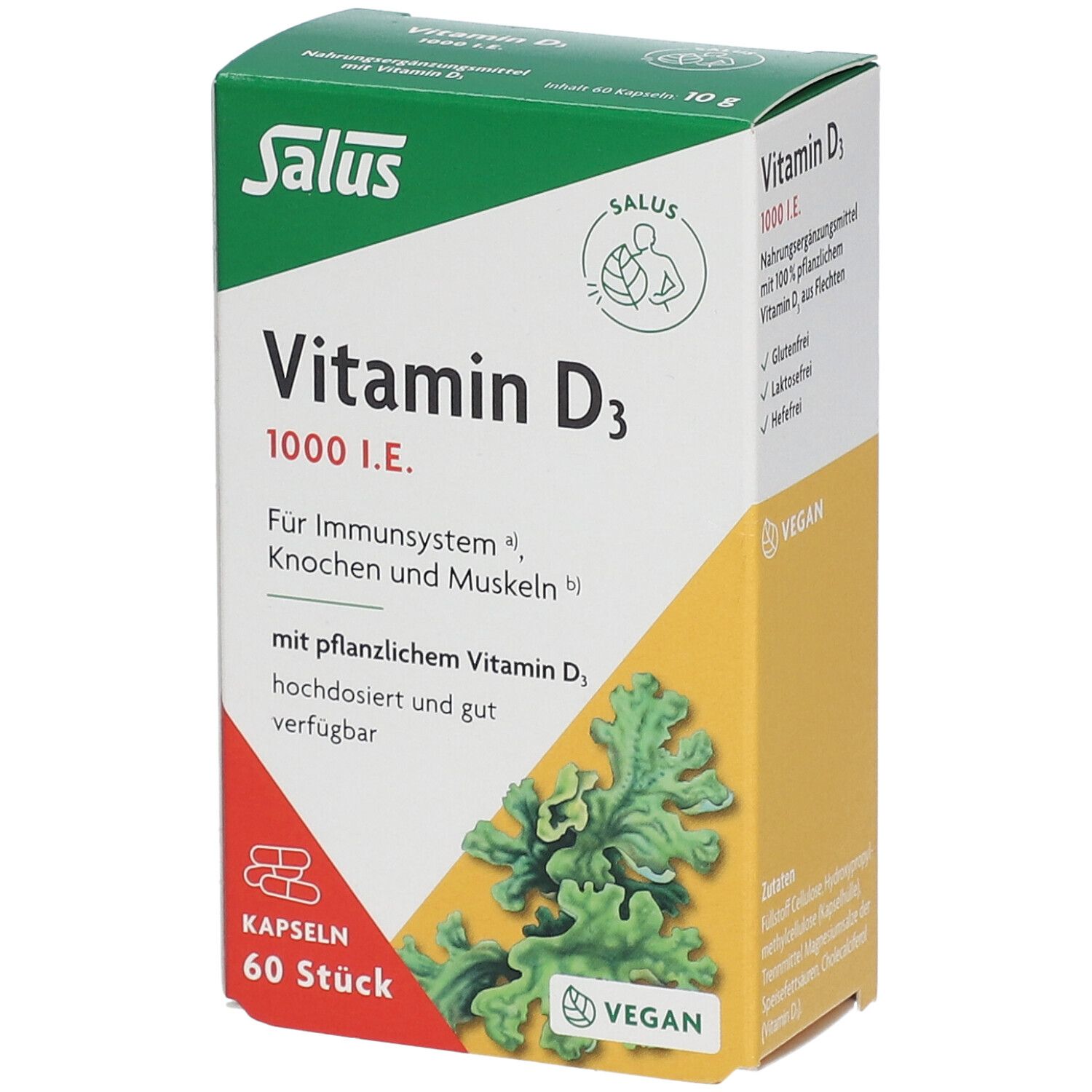 Salus Vitamin D3 1000 I.E. Packung. Enthält 60 Kapseln. Vegan. Aufschrift: Für Immunsystem, Knochen und Muskeln.