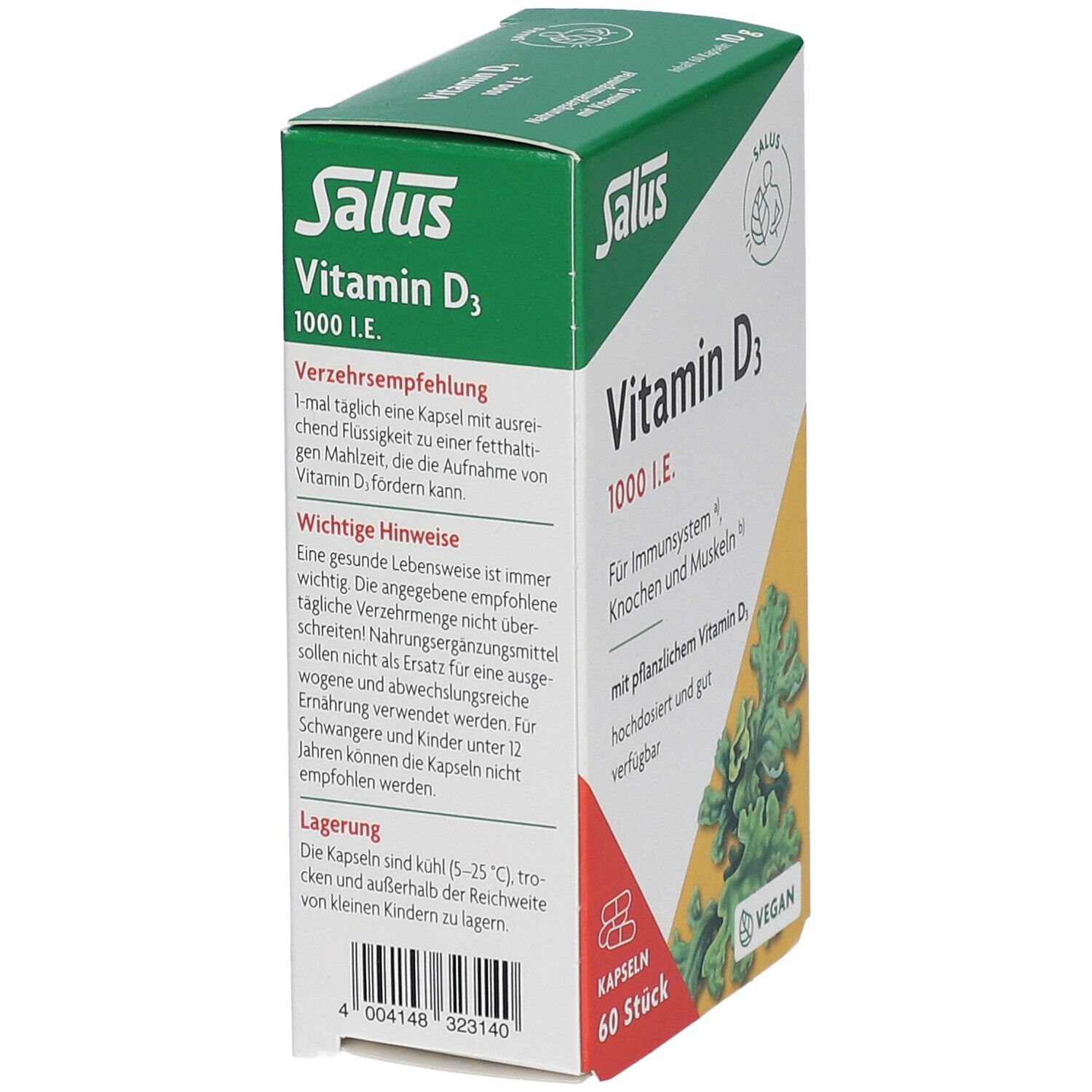 Salus Vitamin D3 1000 I.E. Packung. Rückseite mit Informationen zu Dosierung, Inhaltsstoffen und Lagerung. 60 Kapseln.
