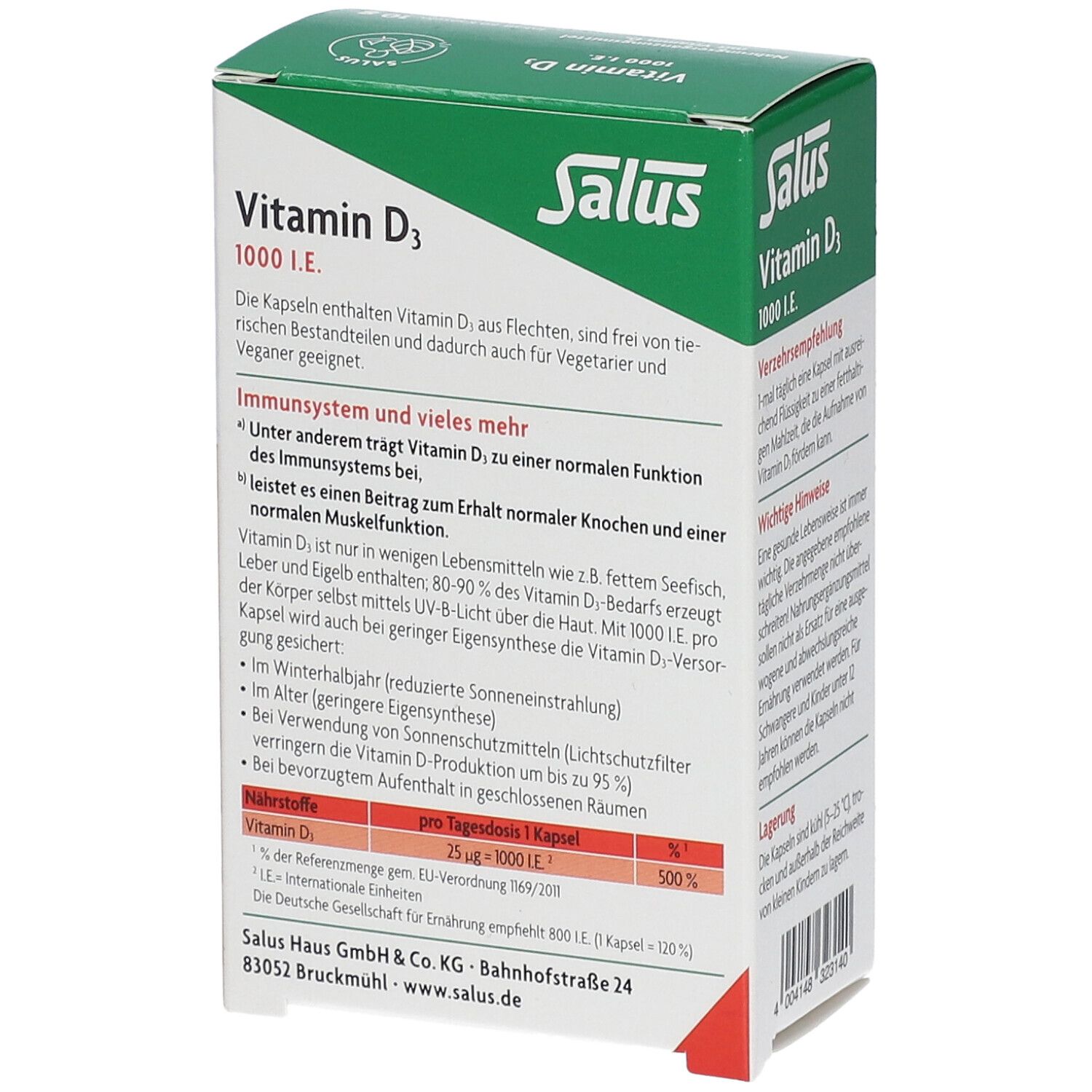 Salus Vitamin D3 1000 I.E. Packung. Rückseite mit Informationen zu Inhaltsstoffen, Nährwertangaben und Hersteller.