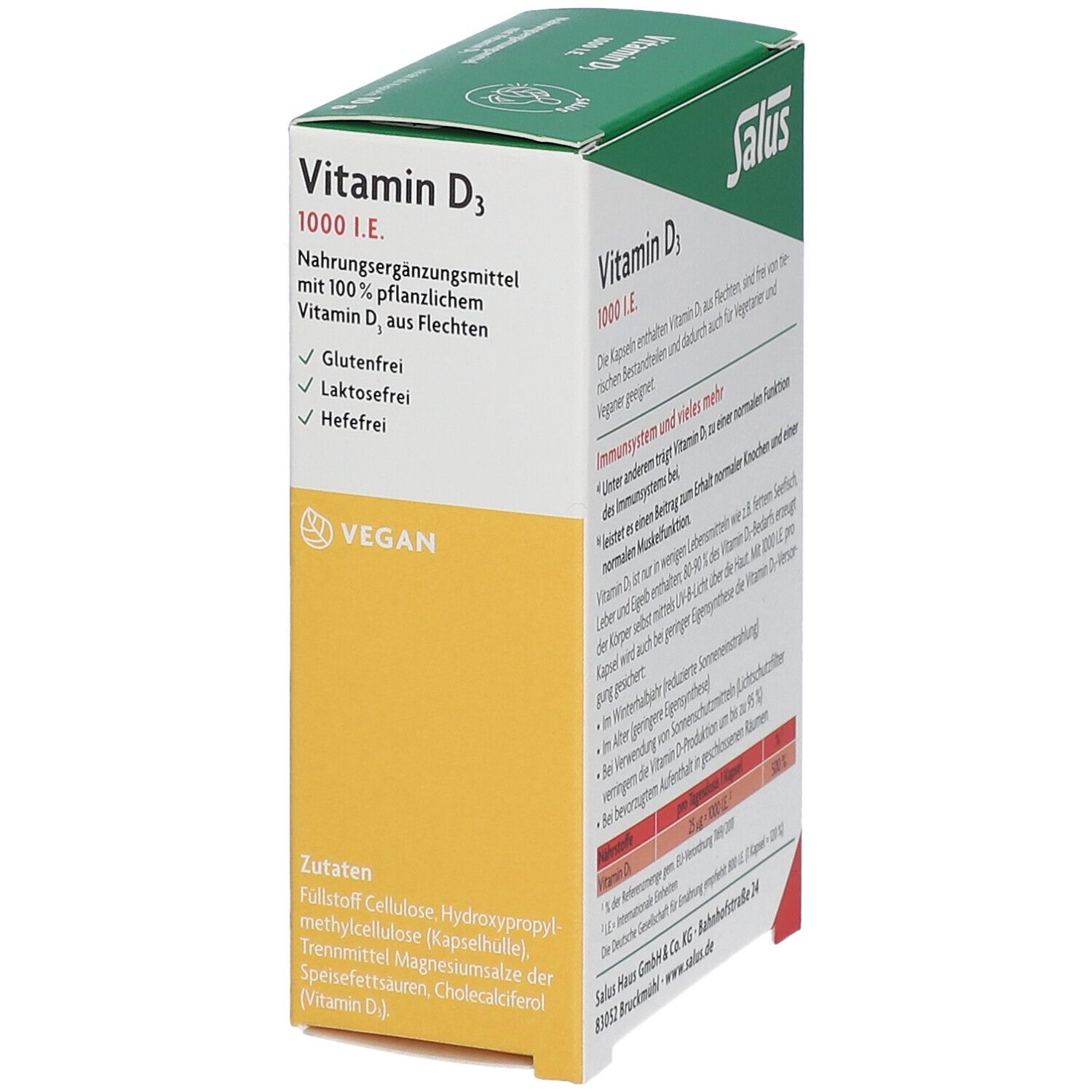 Salus Vitamin D3 1000 I.E. Packung. Enthält 60 Kapseln. Vegan. Glutenfrei, laktosefrei, hefefrei.